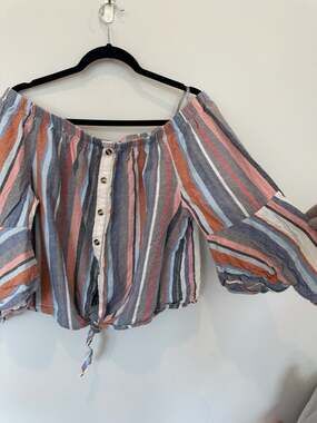 MLLE Off The Shoulder Striped Button Front Tie Hem Blouse 2X